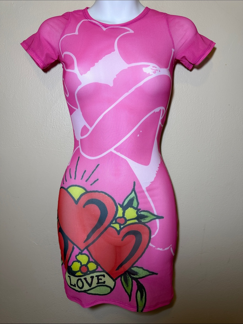 Ed Hardy Hot Pink Graphic Heart Mini Dress